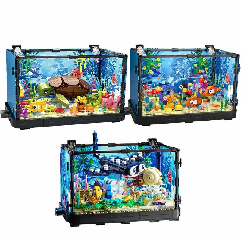 Aquarium Fish Light - ライト付き水槽ビルディングブロックセット、水槽、海洋カメ、14歳以上の子供向けビルディングブロックおもちゃ、ギフト、家の装飾